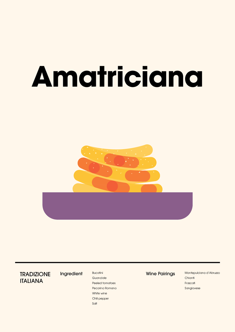 Vector artwork of Amatriciana pasta highlighting authentic ingredients and suggested wines.