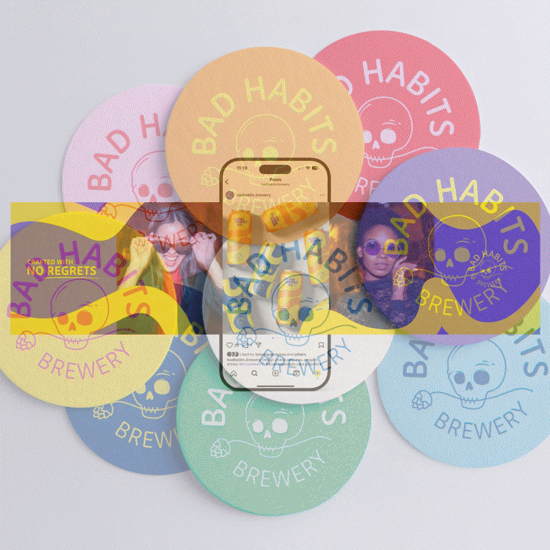 Colorful animated branding presentation for Bad Habits Brewery showing logo coasters, beer can designs, and social media visuals with the slogan “Crafted With No Regrets.
