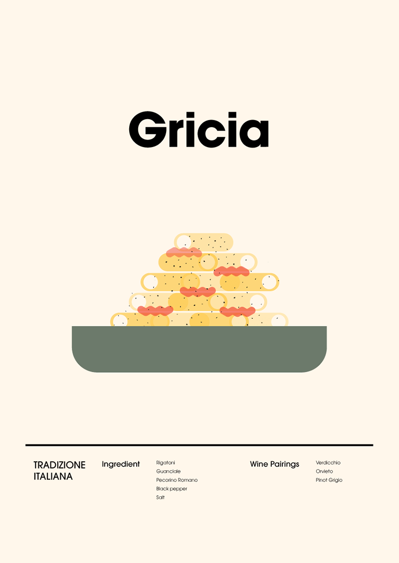 Flat design infographic of Pasta alla Gricia with traditional ingredients and wine pairings.